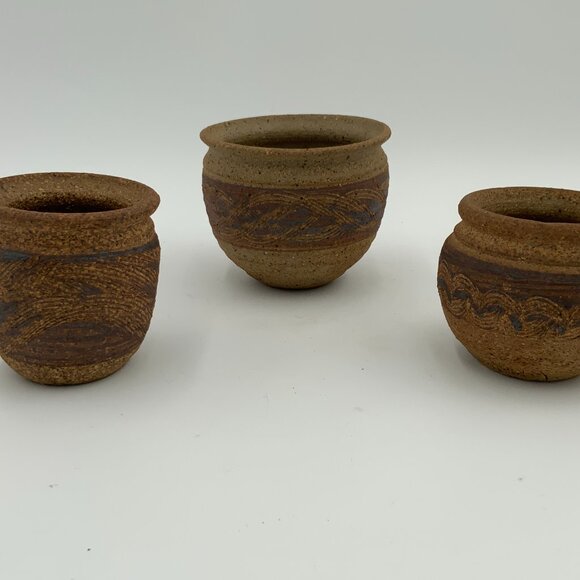 Set of 3 Artist Signed "Terry" Pottery Stoneware Planters Navajo Southwest - Picture 1 of 5